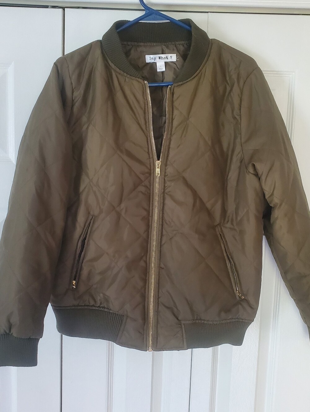 Say What? Quilted Olive Green Bomber Jacket with Gold Zipper